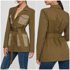 NEW! Good American Dirty Olive Two Tone Trench Coat Utility Belted Blazer Jacket